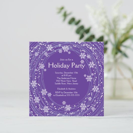 Modern Swirl Snowflakes Holiday Party Paars Kaart (Staand voorkant)