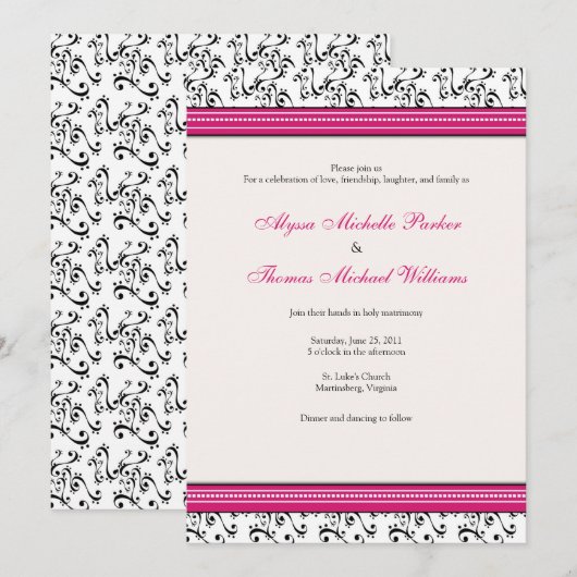 Modern Swirl Wedding Invitation (Fuschia) Kaart (Voorkant / Achterkant)