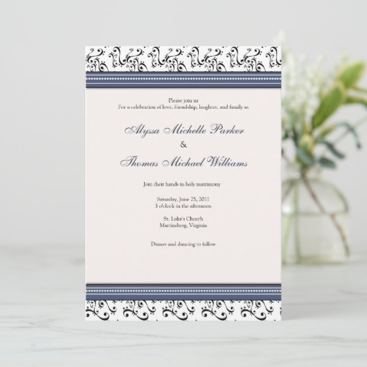 Modern Swirl Wedding Invitation (marine) Kaart (Staand voorkant)