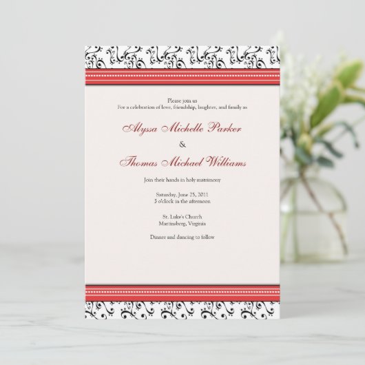 Modern Swirl Wedding Invitation (rood) Kaart (Staand voorkant)