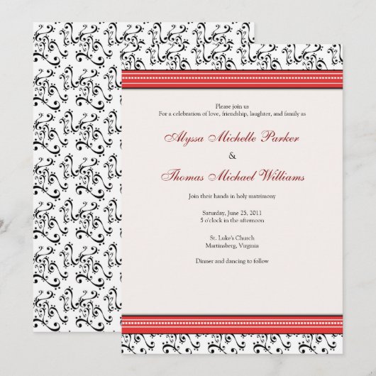 Modern Swirl Wedding Invitation (rood) Kaart (Voorkant / Achterkant)