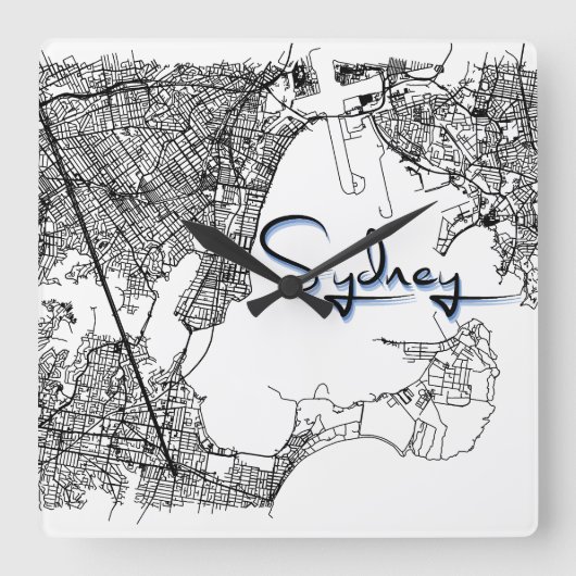Modern Sydney City Street Map Wall Clock Vierkante Klok (Voorkant)