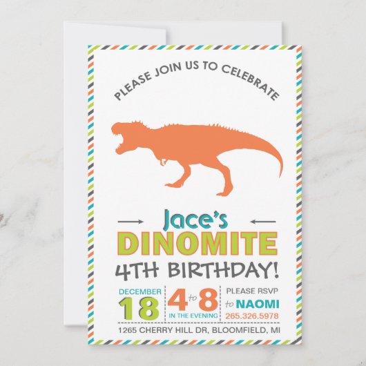 Modern T-Rex Dinosaur Oranje Green Invite Kaart (Voorkant)
