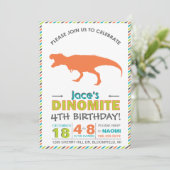 Modern T-Rex Dinosaur Oranje Green Invite Kaart (Staand voorkant)