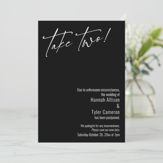 Modern Take Two! Zwarte Uitgestelde Trouwkaart Kaart (Staand voorkant)