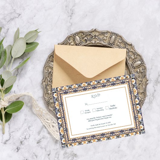 Modern Talavera Mexican Tile Modern Wedding RSVP Kaartje