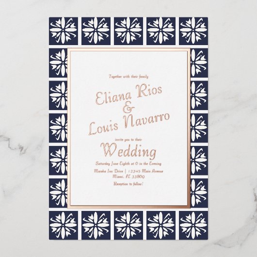 Modern Talavera Navy Blue Wedding geperst Folie Uitnodiging (Voorkant)