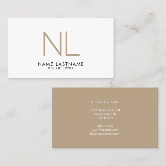 Modern Tan Beige Monogram White minimalist Stijlvo Visitekaartje (Voorkant / Achterkant)