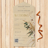 Modern Tan Boho gedroogd bloemboeket QR-code All In One Uitnodiging