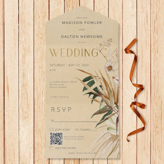 Modern Tan Boho gedroogd bloemboeket QR-code All In One Uitnodiging