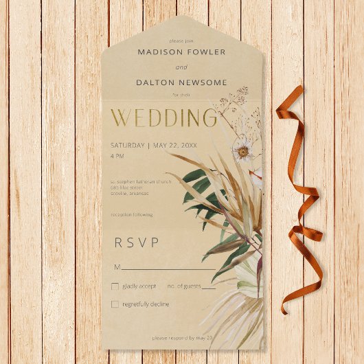 Modern Tan Boho Gedroogd Bloemenboeket Geen diner All In One Uitnodiging