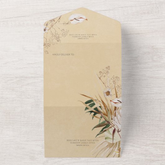 Modern Tan Boho Gedroogd Bloemenboeket Geen diner All In One Uitnodiging (Buitenkant)