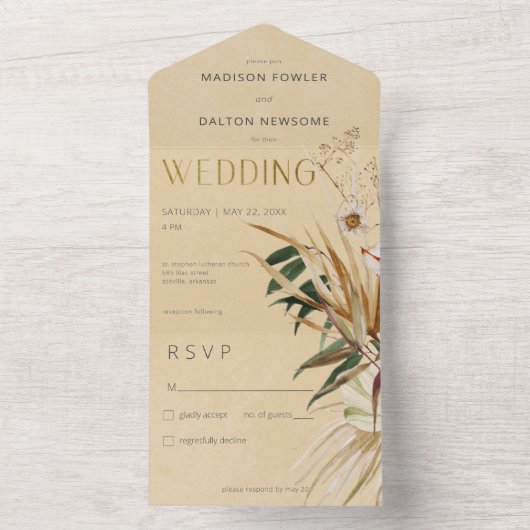 Modern Tan Boho Gedroogd Bloemenboeket Geen diner All In One Uitnodiging (Binnen)