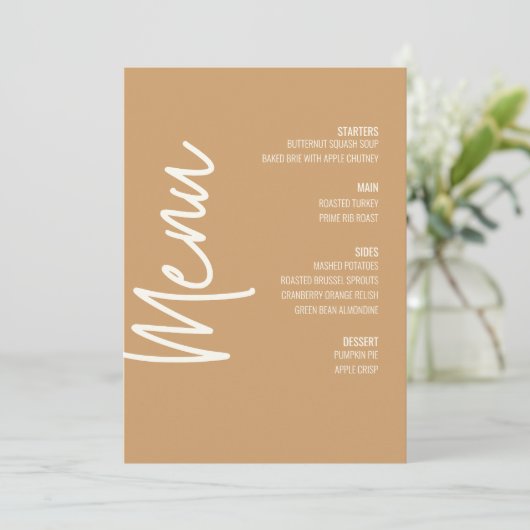 Modern Tan Dinner Menu Thanksgiving Herfst Kaart (Staand voorkant)