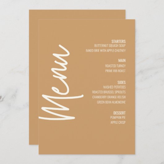 Modern Tan Dinner Menu Thanksgiving Herfst Kaart (Voorkant / Achterkant)