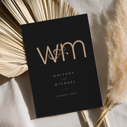 Modern Tan Zwart Minimal Monogram Trouwen Kaart