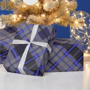 Modern Tartan Blauw Grijs Zwart Patroon Cadeaupapier