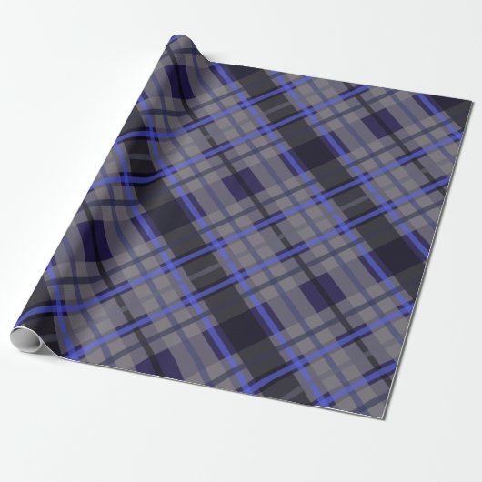 Modern Tartan Blauw Grijs Zwart Patroon Cadeaupapier (Uitgerold)