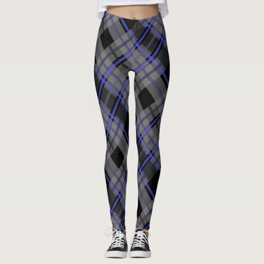 Modern Tartan Blauw Grijs Zwart Patroon Leggings (Voorkant)