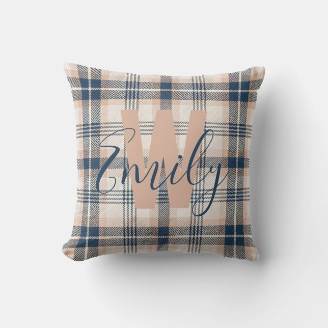 Modern Tartan Blue Cream Monogram Kussen (Voorkant)