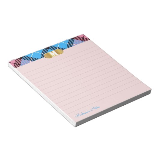 Modern Tartan Golden Monogram script Abrite gelijn Notitieblok (Schuin)