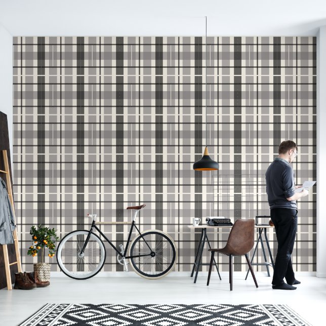 Modern Tartan Pastel Grijs Zwart Patroon Behang (Woonkamer)