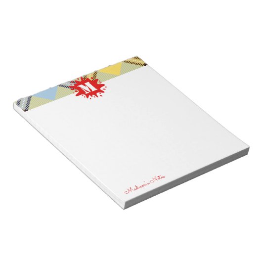Modern Tartan Red Splash - aangepast script monogr Notitieblok (Schuin)