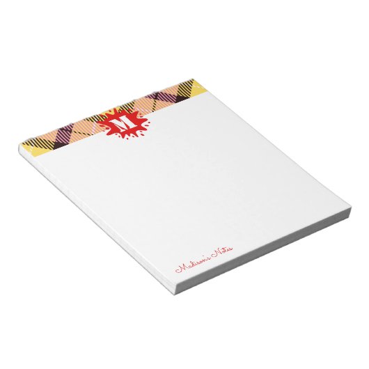 Modern Tartan Red Splash - aangepast script monogr Notitieblok (Schuin)