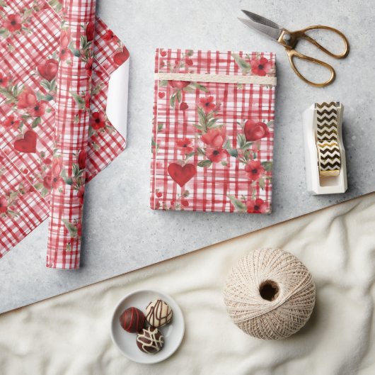 Modern Tartan rood bloemmotief Cadeaupapier (Crafts)
