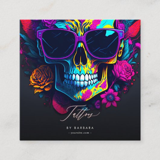 Modern Tattoo Artist Goud Script Blauw Roze Paarse Vierkante Visitekaartje (Voorkant)