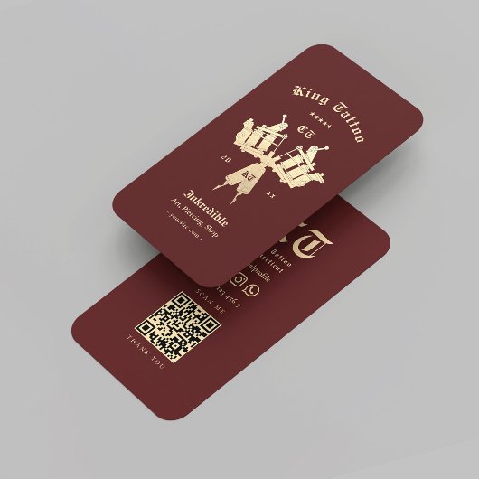 Modern Tattoo Artist Monogram Goud Donkerrood QR Visitekaartje