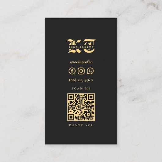 Modern Tattoo Artist Skull Monogram Zwart Goud Visitekaartje (Achterkant)