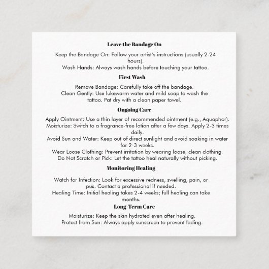 Modern tattoo Artist Zakelijke nazorg Vierkante Visitekaartje (Achterkant)