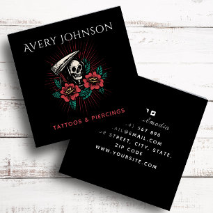 Modern Tattoo en doorboren Scary Floral Skelet Vierkante Visitekaartje