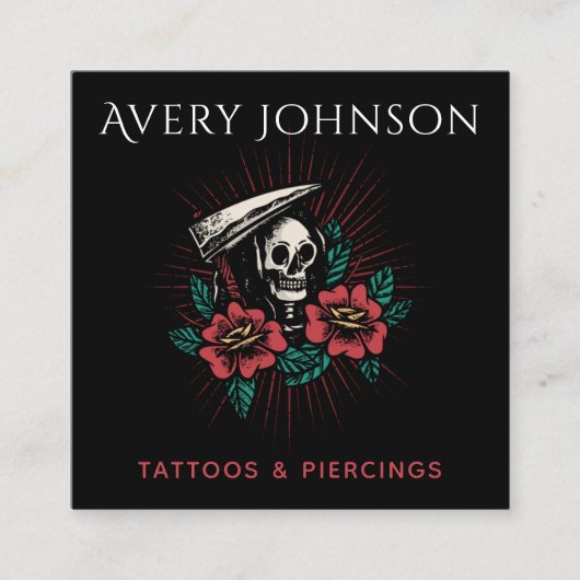 Modern Tattoo en doorboren Scary Floral Skelet Vierkante Visitekaartje (Voorkant)