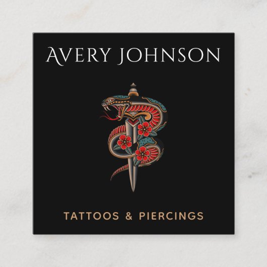 Modern Tattoo & Piercing Bloemenslang & Ridder Vierkante Visitekaartje (Voorkant)