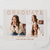 Modern Taupe 3 Photo Afstuderen Roos Gold Folie Uitnodiging (Voorkant)