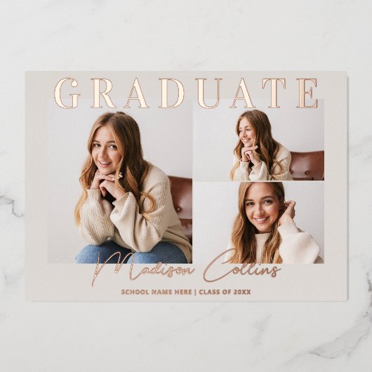 Modern Taupe 3 Photo Afstuderen Roos Gold Folie Uitnodiging (Voorkant)