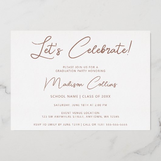 Modern Taupe 3 Photo Afstuderen Roos Gold Folie Uitnodiging (Achterkant)