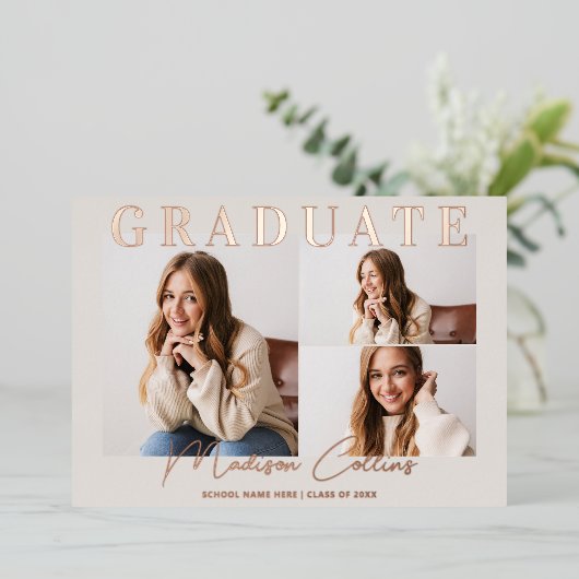 Modern Taupe 3 Photo Afstuderen Roos Gold Folie Uitnodiging (Staand Voorkant)