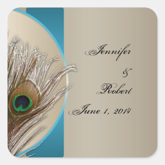 Modern Taupe Aqua Peacock Feather Envelope Seal Vierkante Sticker (Voorkant)