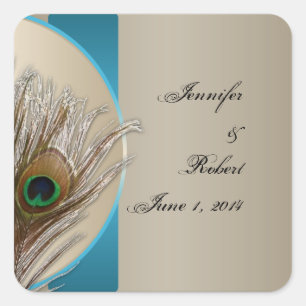Modern Taupe Aqua Peacock Feather Envelope Seal Vierkante Sticker