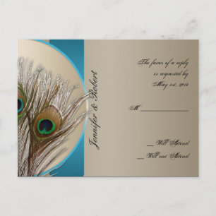 Modern Taupe Aqua Peacock Feather RSVP Briefkaart