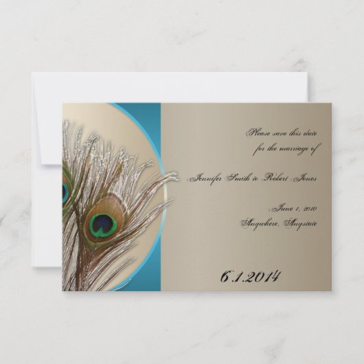 Modern Taupe Aqua Peacock Feather Save the Date (Voorkant)