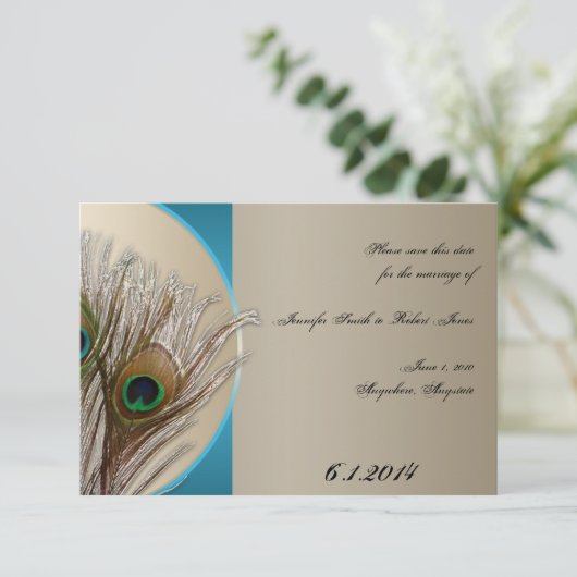 Modern Taupe Aqua Peacock Feather Save the Date (Staand voorkant)