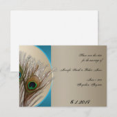 Modern Taupe Aqua Peacock Feather Save the Date (Voorkant / Achterkant)