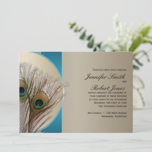 Modern Taupe Aqua Peacock Weddenschap Kaart (Staand voorkant)