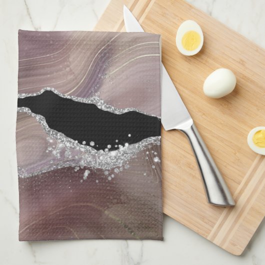 Modern Taupe & Black Agate Silver Earth Tone Theedoek (Quarter Fold)