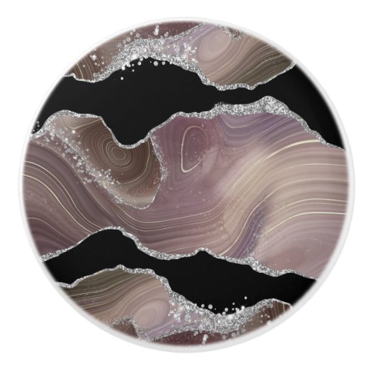 Modern Taupe & Black Agate Silver Glitter Geode Keramische Knop (Voorkant)