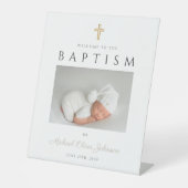 Modern Taupe Cross Photo Baptisme Welkom Reclamebord Met Voetstuk (Voorkant)